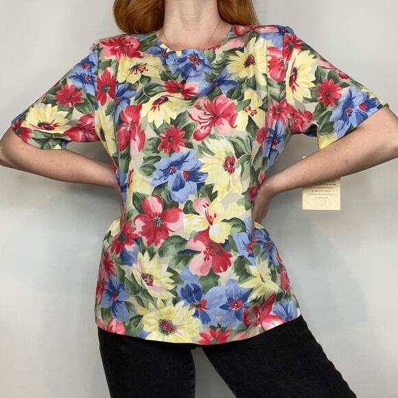 Vintage 90s Cristin Stevens Deadstock Neutral Floating Floral Print Blouse Tee - Picture 6 of 12